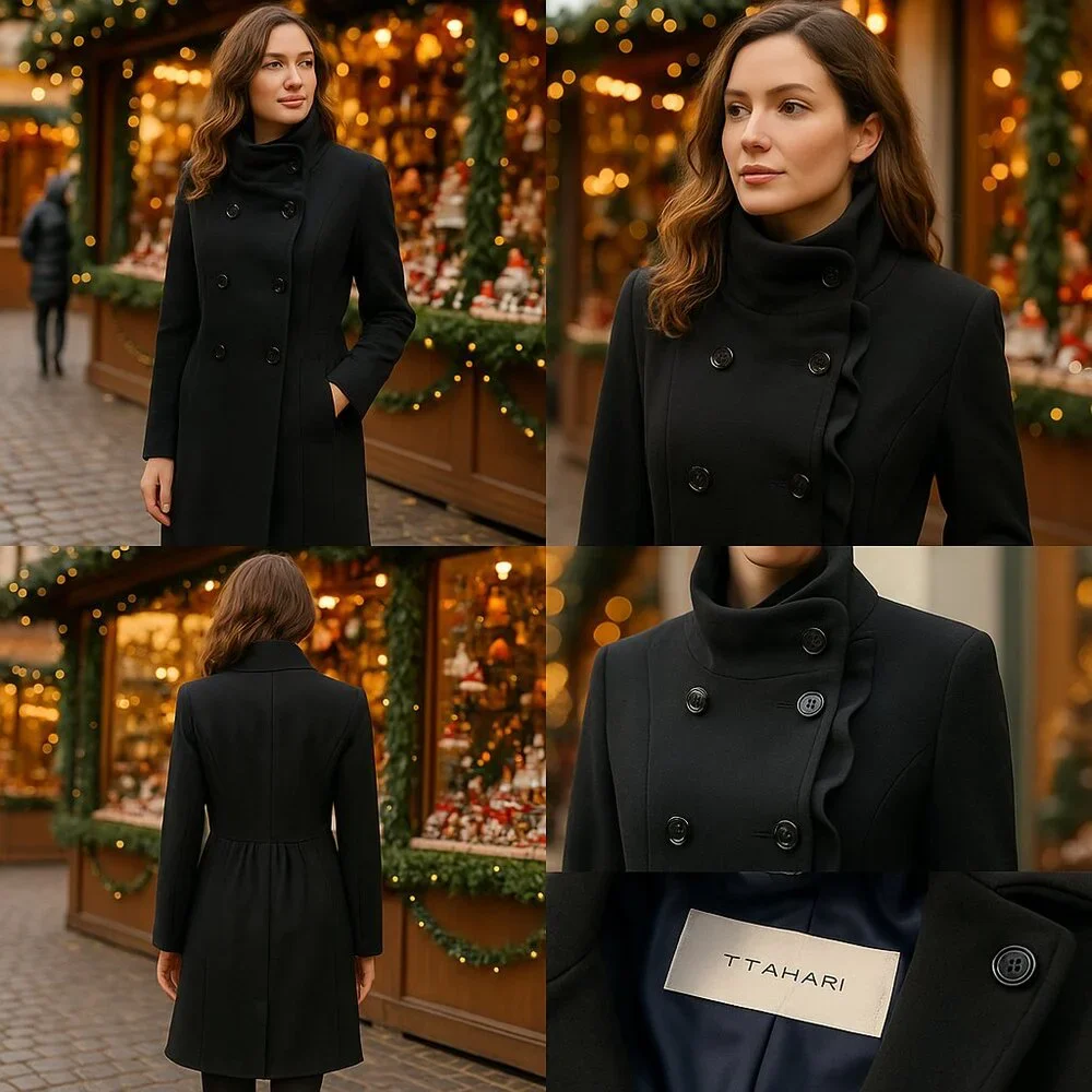 ✨T Tahari Black Ruffled Collar Coat – Elegant & Timeless - Picture 2 of 14